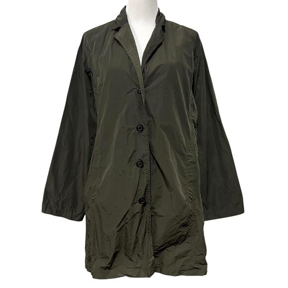 SUN KIM Boyfriend Jacket Crinkle Texture Collared Button Up Blazer Olive Sz L - Picture 1 of 7